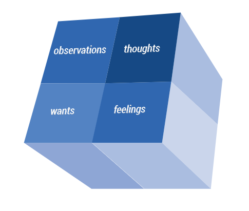 Cube listing from top left clockwise: observations, thought, feelings and wants